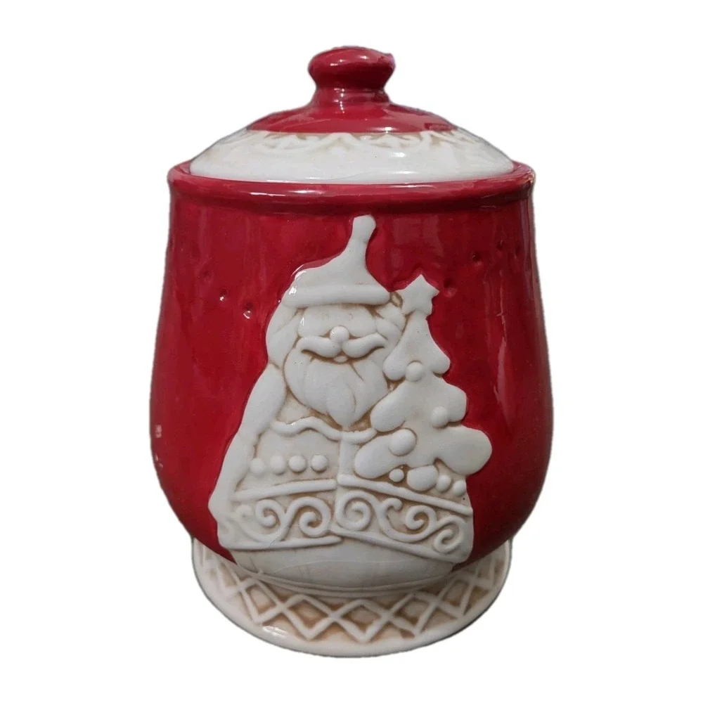 Vintage Ceramic Christmas Cookie Jar Lidded Santa Claus Tree Red White 7.5 Inch
